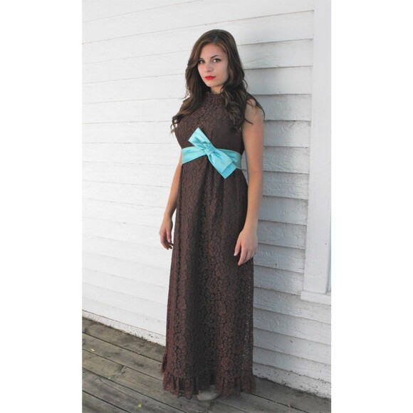 60s Brown Lace Gown Vintage Party Dress Cocktail Prom Formal S - Picture 1 of 10